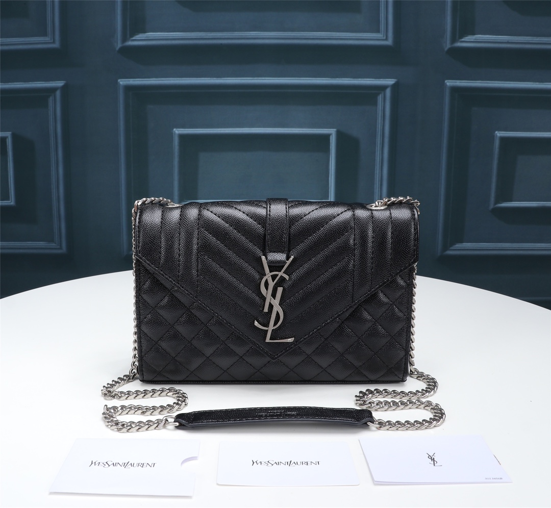 Saint Laurent Envelope Small In Quilted Grain De Poudre Embossed Leather Black Silver 21cm 600195BOW921000 - 画像 (2)
