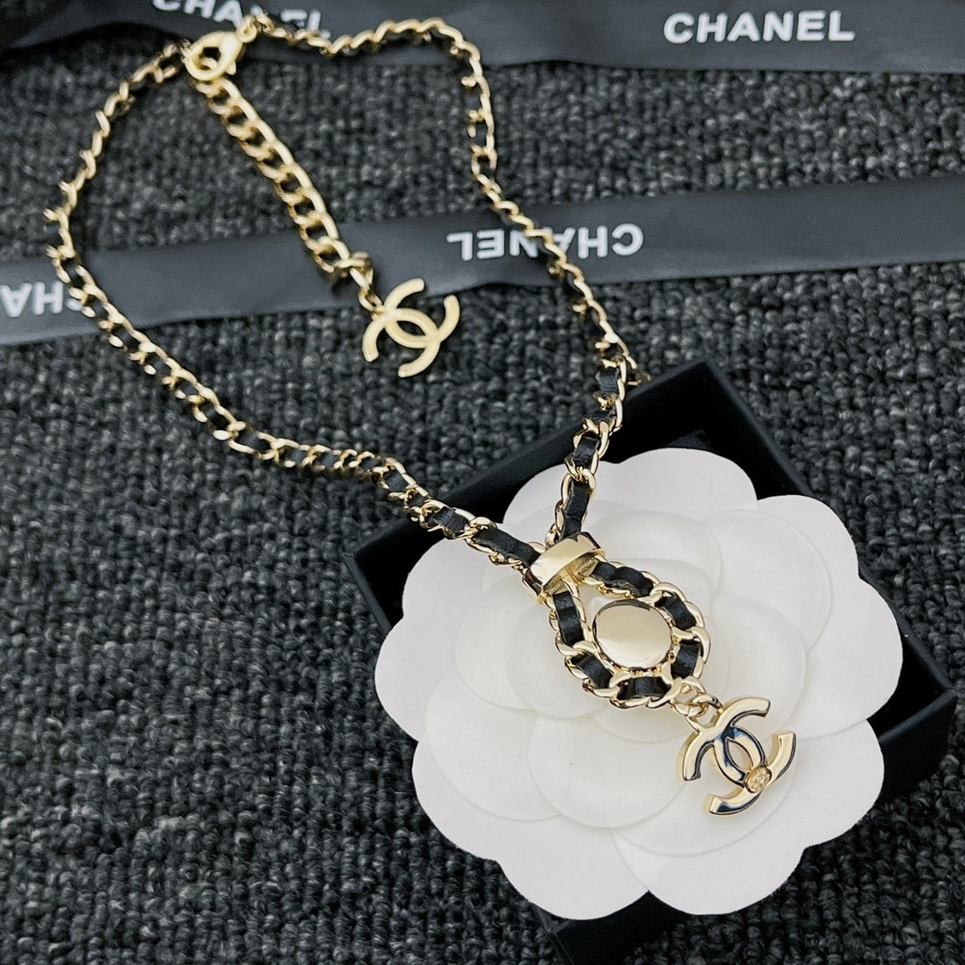 Chanel CC Necklace Leather Chain Pearl Crystal Drop Choker Gold Tone Black - 画像 (2)