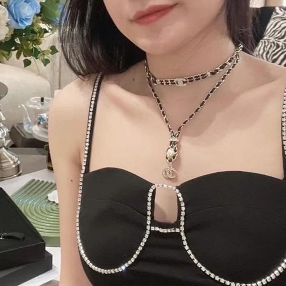 Chanel CC Necklace Leather Chain Pearl Crystal Drop Choker Gold Tone Black - 画像 (8)