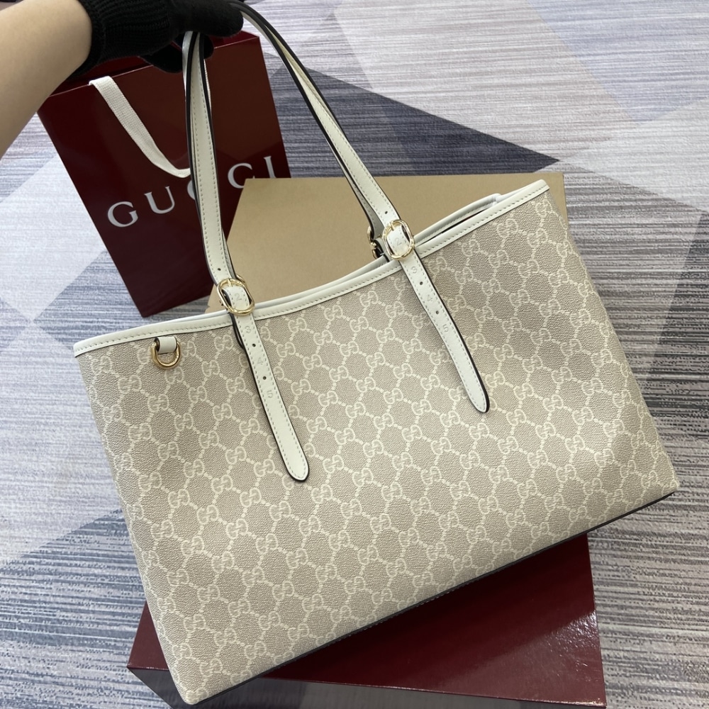 Gucci Gg Emblem Large Tote Bag Beige And White Coated Fabric 38cm 815213 Fad6l 9641 - 画像 (6)