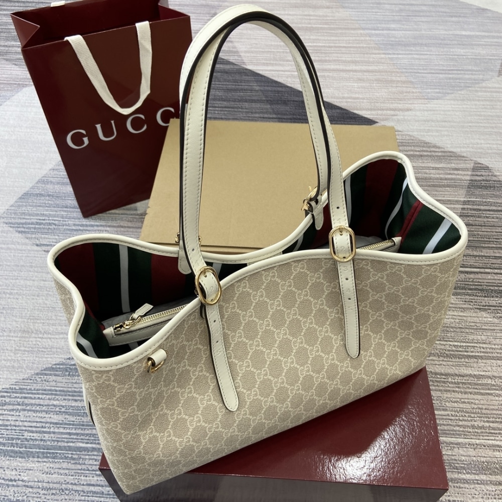 Gucci Gg Emblem Large Tote Bag Beige And White Coated Fabric 38cm 815213 Fad6l 9641 - 画像 (5)