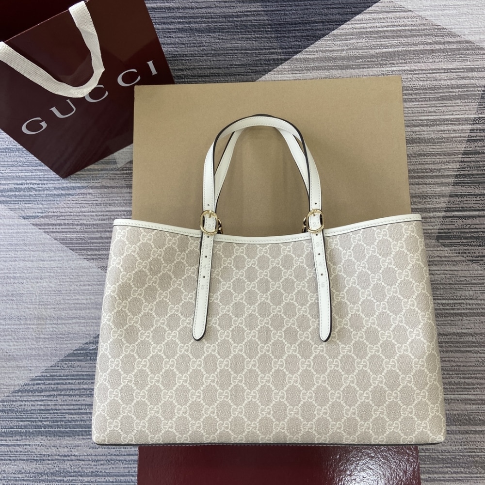 Gucci Gg Emblem Large Tote Bag Beige And White Coated Fabric 38cm 815213 Fad6l 9641 - 画像 (2)