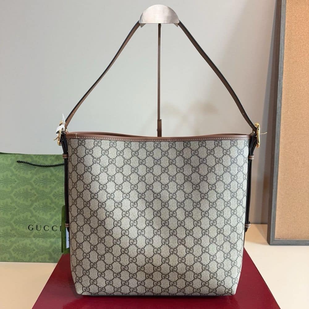Gucci GG Emblem Medium Bucket Bag Beige And Dark Brown Fabric 29Cm 815103 FAD6L 9758 - 画像 (7)
