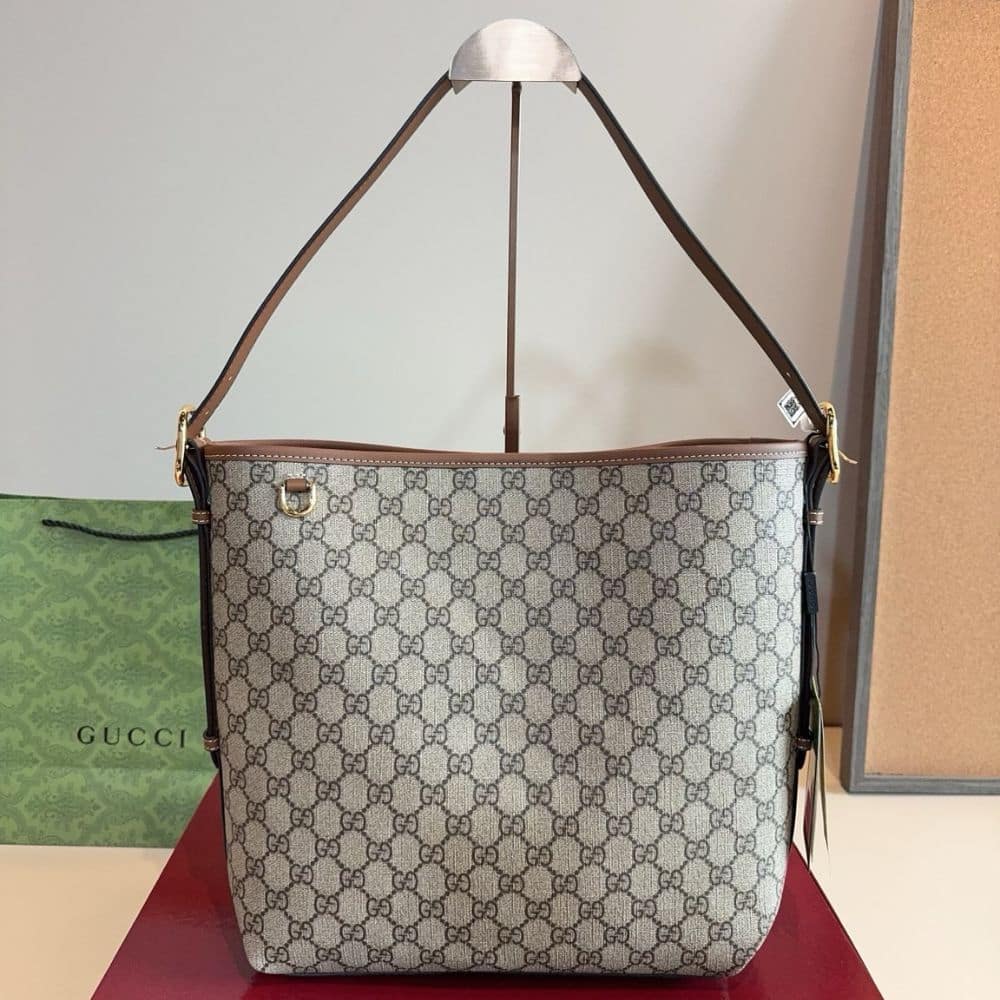 Gucci GG Emblem Medium Bucket Bag Beige And Dark Brown Fabric 29Cm 815103 FAD6L 9758 - 画像 (4)