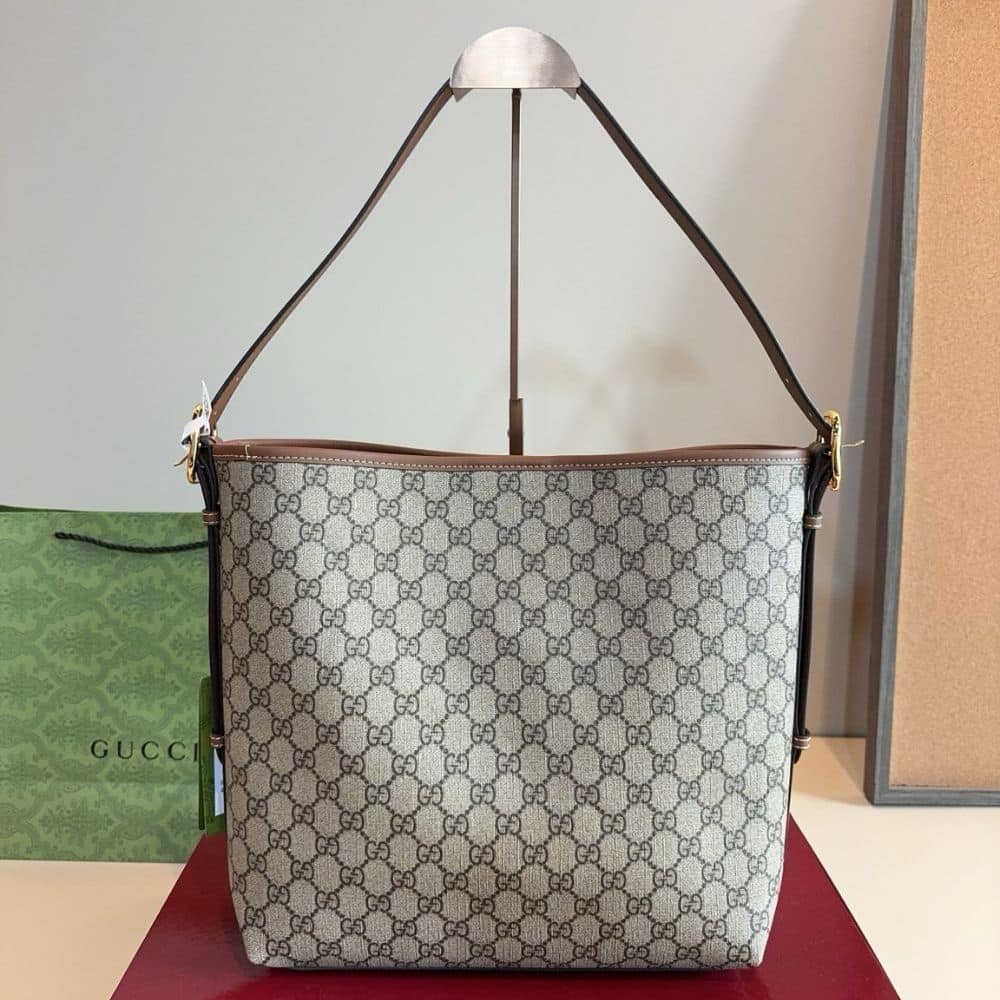 Gucci GG Emblem Medium Bucket Bag Beige And Dark Brown Fabric 29Cm 815103 FAD6L 9758 - 画像 (6)