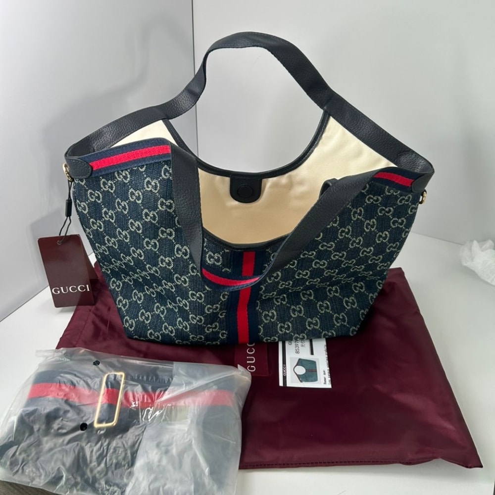 Gucci Giglio Small Tote Bag Blue And White GG Denim 25cm 860845 FAFRW 8864 - 画像 (3)