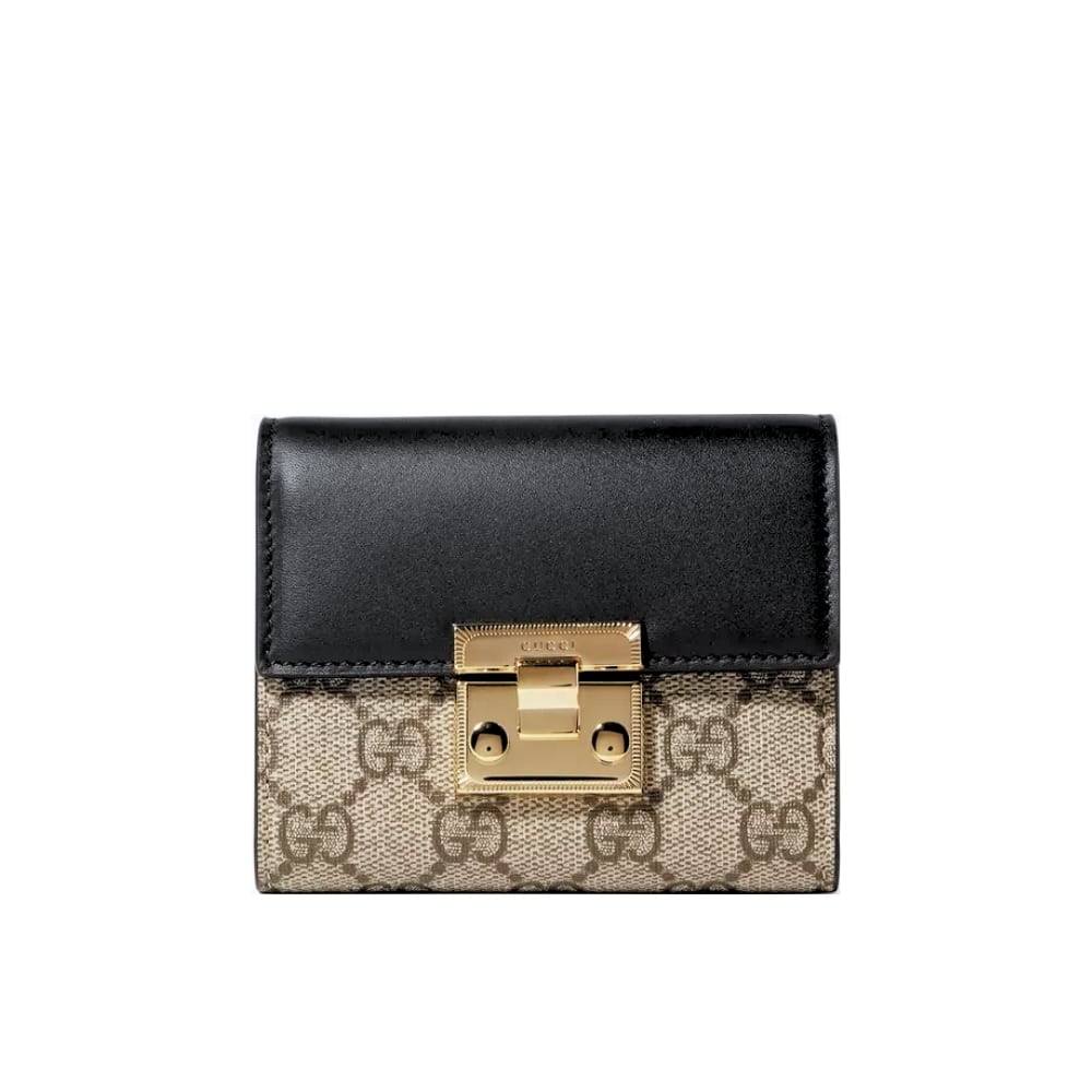 GUCCI グッチ GGスプリーム パドロック コンパクトウォレット ブラック×ベージュ 11cm 型番：779799 KLQIG 8575