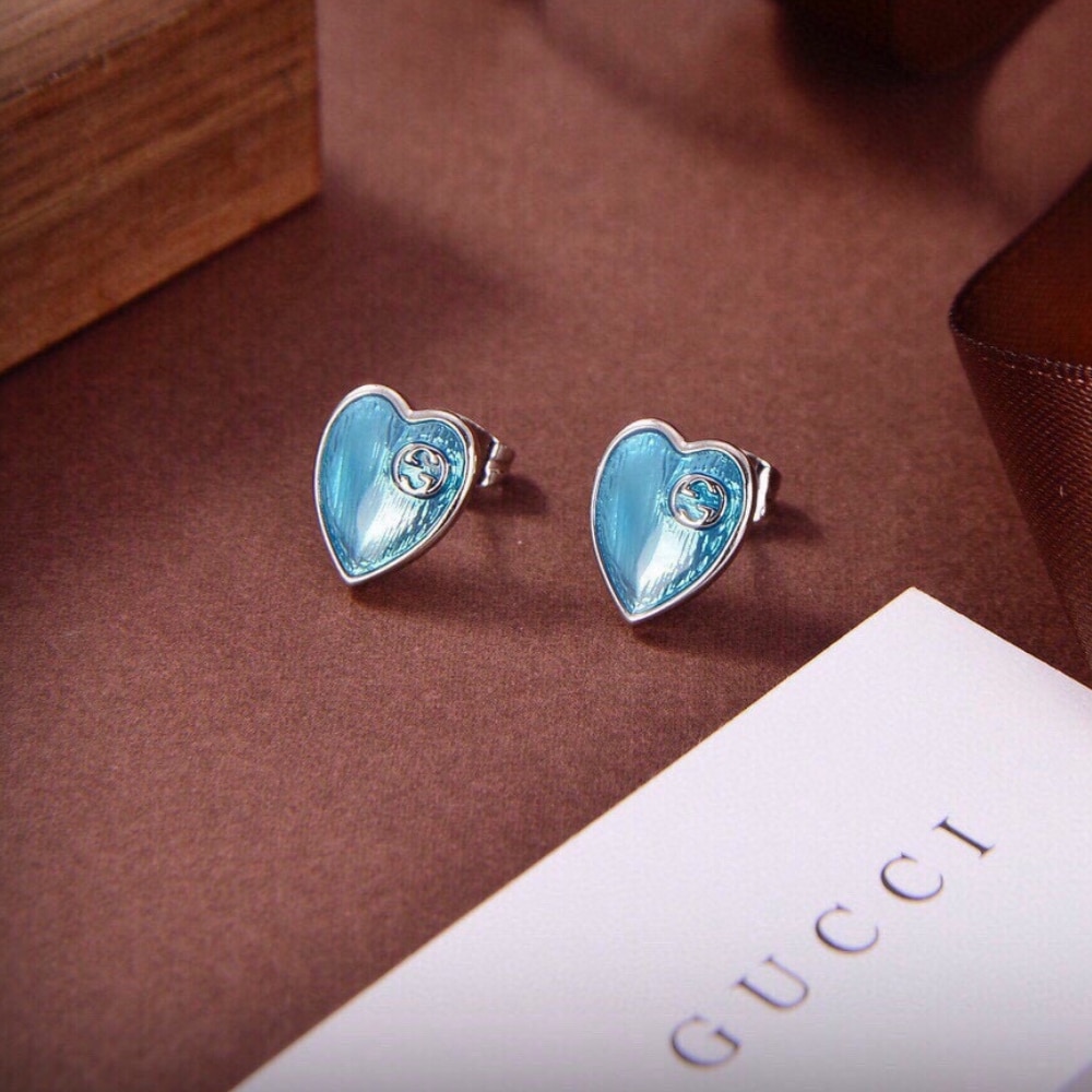 Gucci Heart Earrings With Interlocking G Light Blue Enamel Silver 645547 J8410 8183 - 画像 (2)