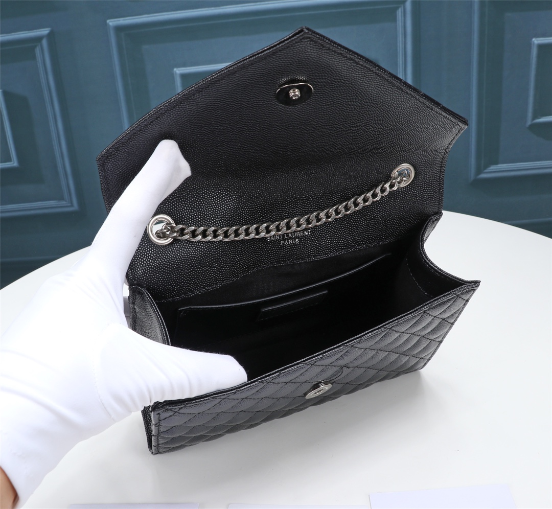 Saint Laurent Envelope Small In Quilted Grain De Poudre Embossed Leather Black Silver 21cm 600195BOW921000 - 画像 (4)