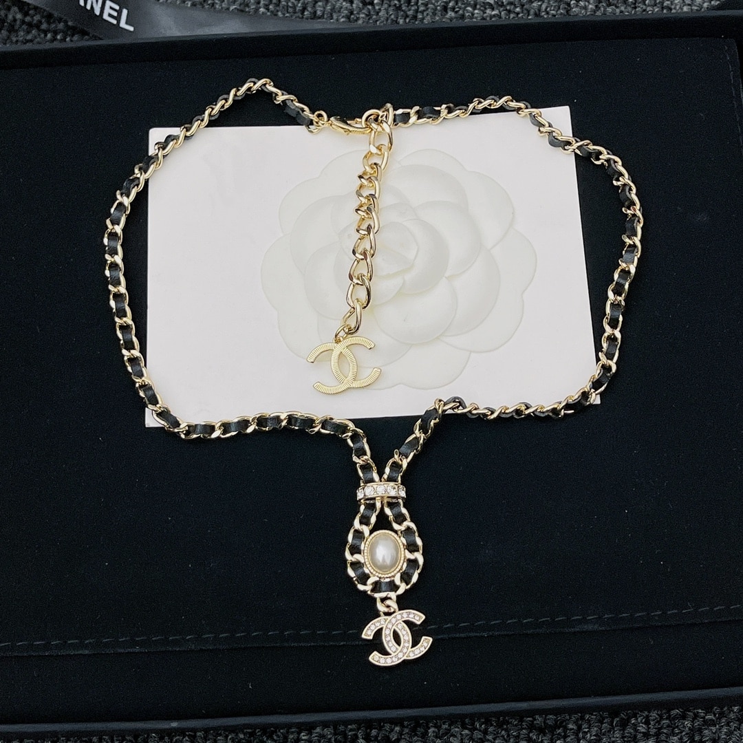 Chanel CC Necklace Leather Chain Pearl Crystal Drop Choker Gold Tone Black - 画像 (7)
