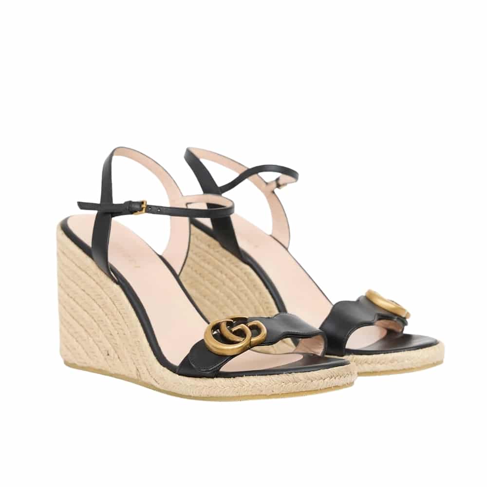 GUCCI グッチ レザー ウェッジソール エスパドリーユ サンダル ブラック ヒール8cm