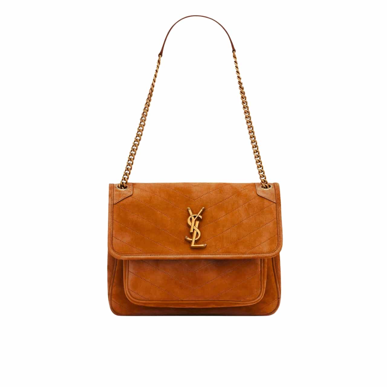 Saint Laurent Niki Baby Quilted Suede Chain Bag Brown 28cm