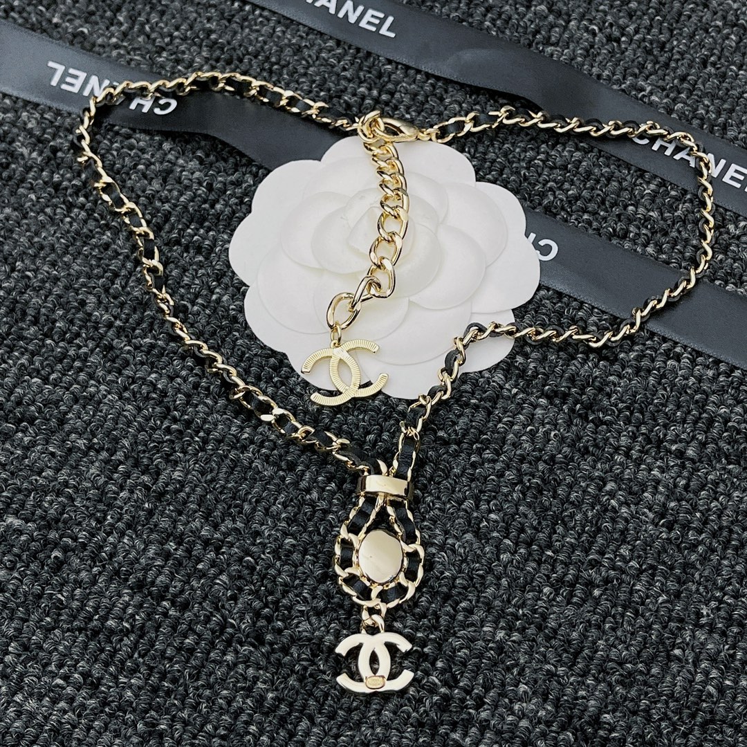 Chanel CC Necklace Leather Chain Pearl Crystal Drop Choker Gold Tone Black - 画像 (6)