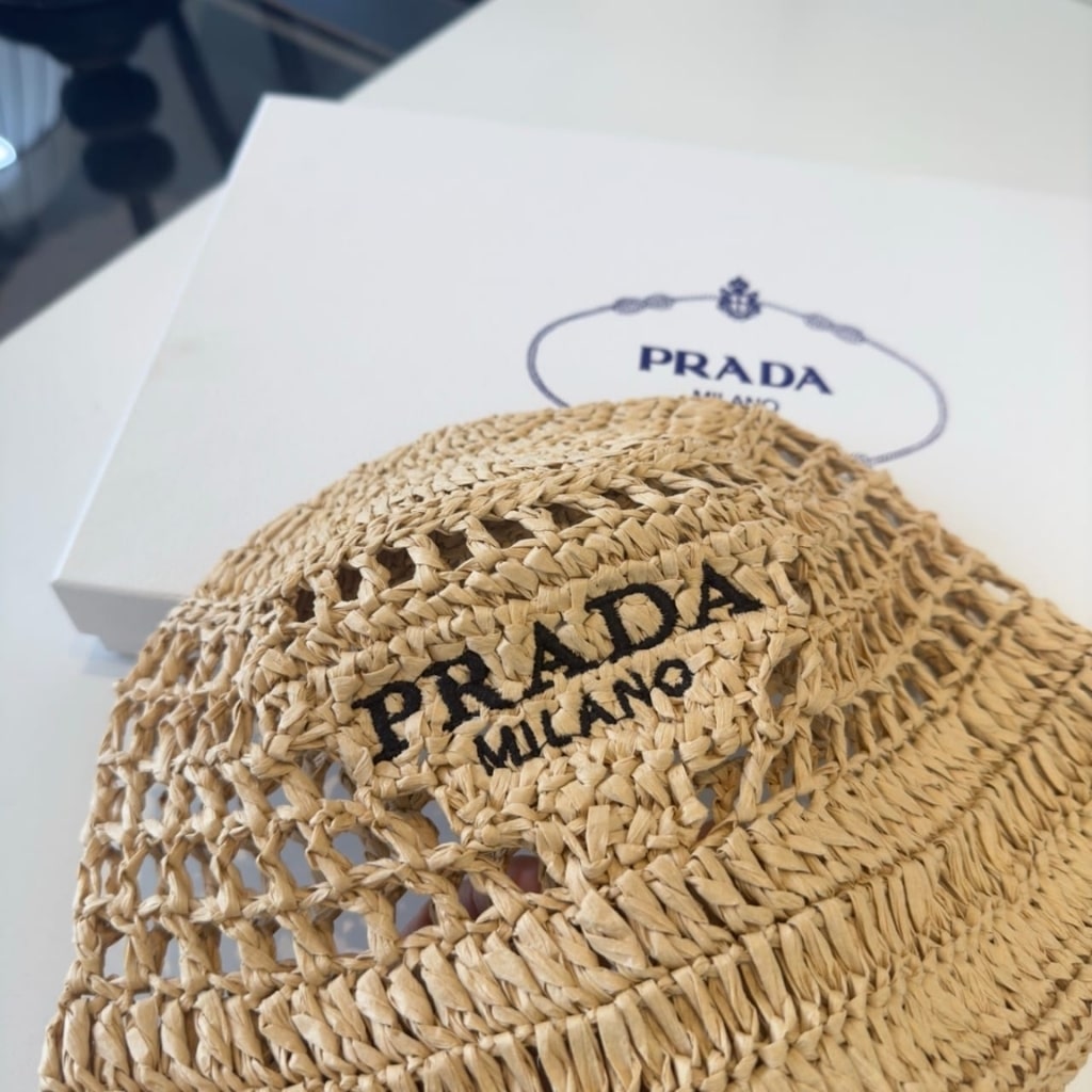 Prada Crochet Bucket Hat Raffia Natural 2HC137 2A2T F0018 - 画像 (3)