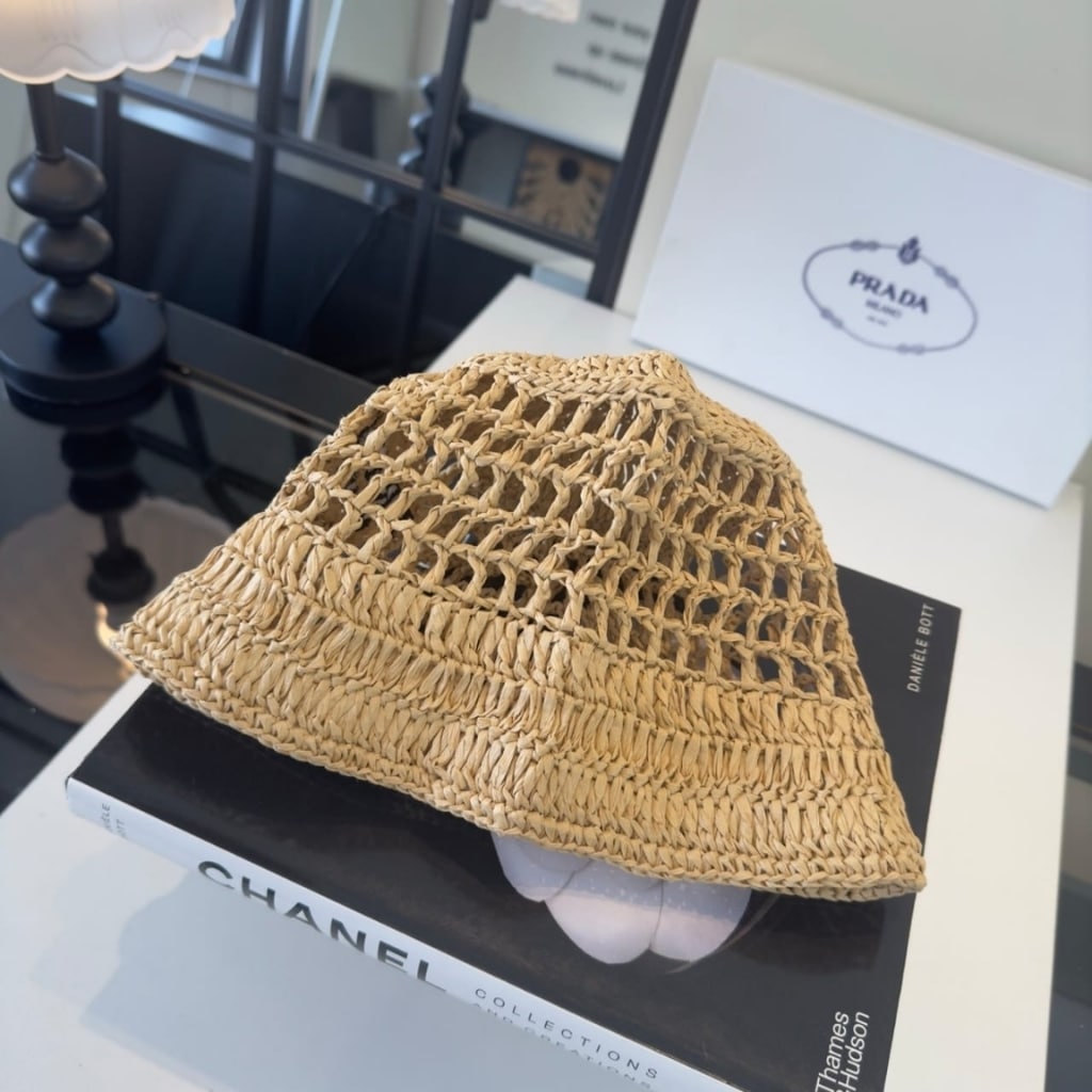 Prada Crochet Bucket Hat Raffia Natural 2HC137 2A2T F0018 - 画像 (4)