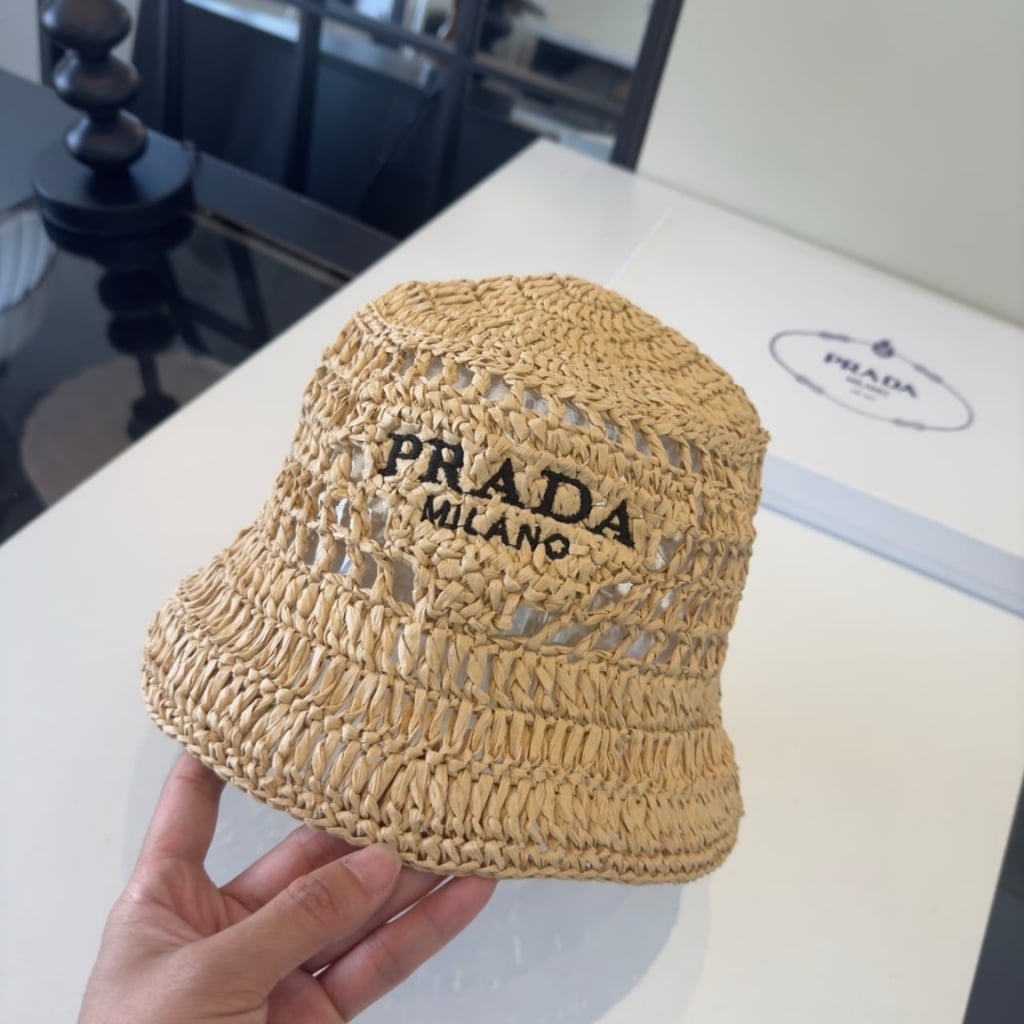 Prada Crochet Bucket Hat Raffia Natural 2HC137 2A2T F0018 - 画像 (5)