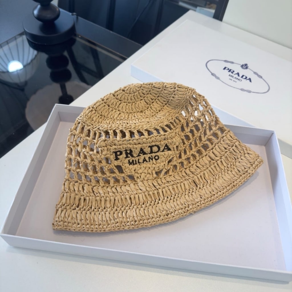 Prada Crochet Bucket Hat Raffia Natural 2HC137 2A2T F0018 - 画像 (6)