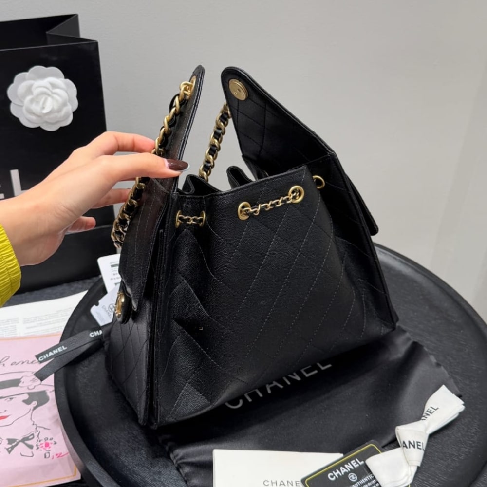 Chanel 25 Small Handbag Grained And Gold Tone Metal Black 26cm AS5293 B20304 94305 - 画像 (3)