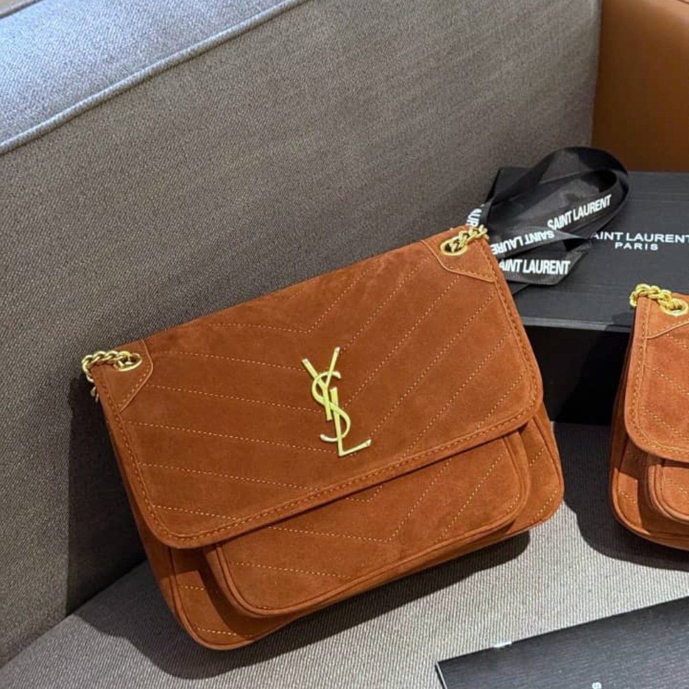 Saint Laurent Niki Baby Quilted Suede Chain Bag Brown 28cm - 画像 (2)