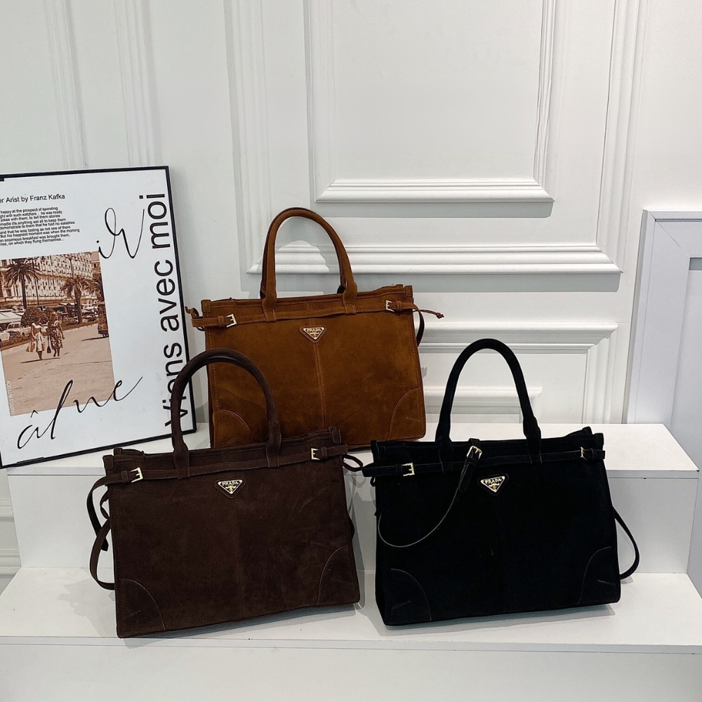 Prada Bonnie Large Suede Handbag Brown 38Cm 1Ba433 2C4S F0401 V Moo - 画像 (11)