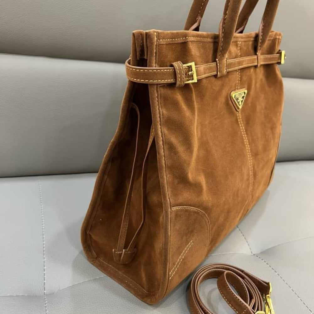 Prada Bonnie Large Suede Handbag Brown 38Cm 1Ba433 2C4S F0401 V Moo - 画像 (5)