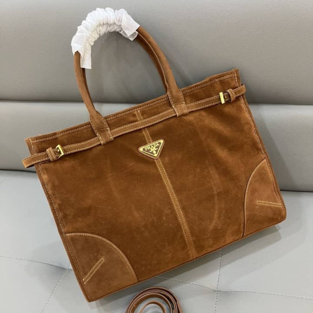 Prada Bonnie Large Suede Handbag Brown 38Cm 1Ba433 2C4S F0401 V Moo - 画像 (4)