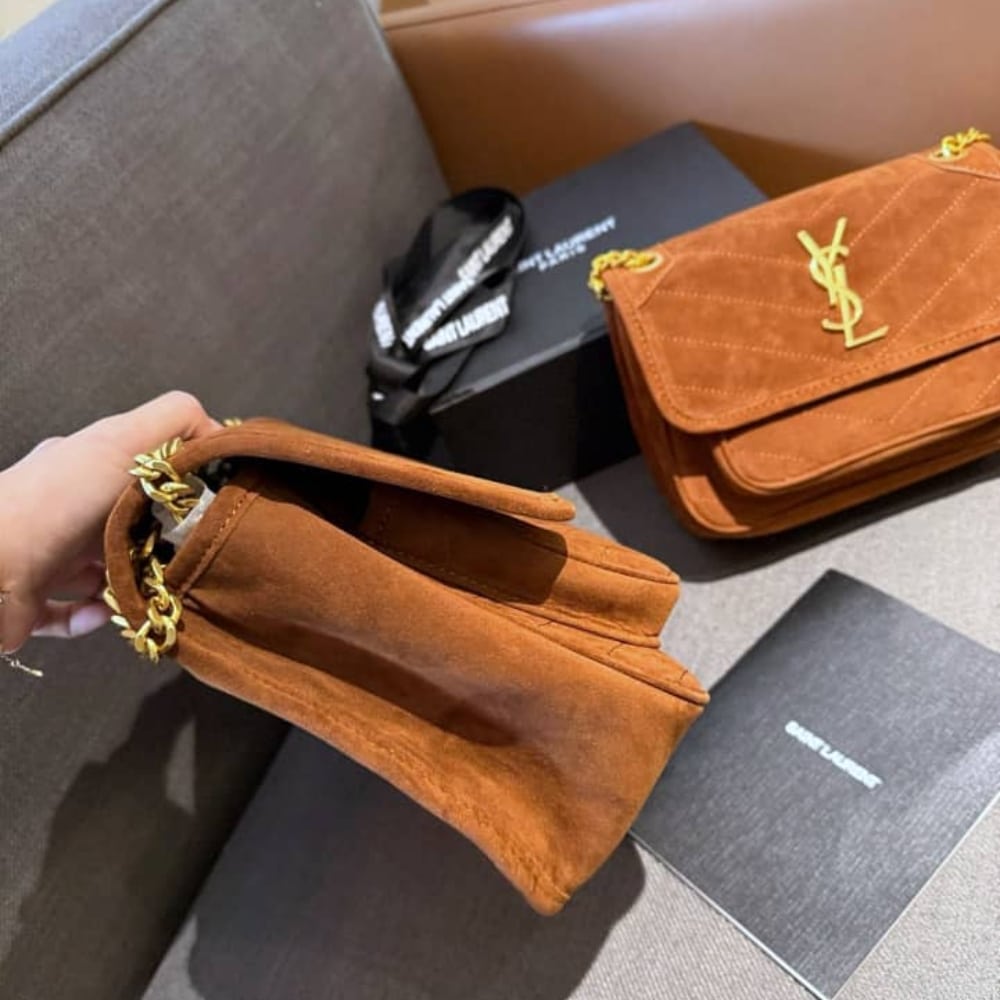 Saint Laurent Niki Baby Quilted Suede Chain Bag Brown 28cm - 画像 (7)