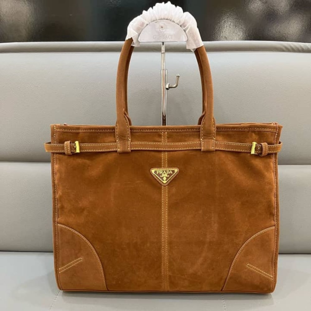 Prada Bonnie Large Suede Handbag Brown 38Cm 1Ba433 2C4S F0401 V Moo - 画像 (2)