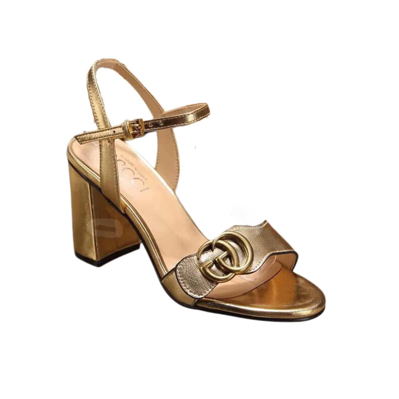 GUCCI グッチ ゴールド メタリックラミネート レザー ミッドヒールサンダル 453379