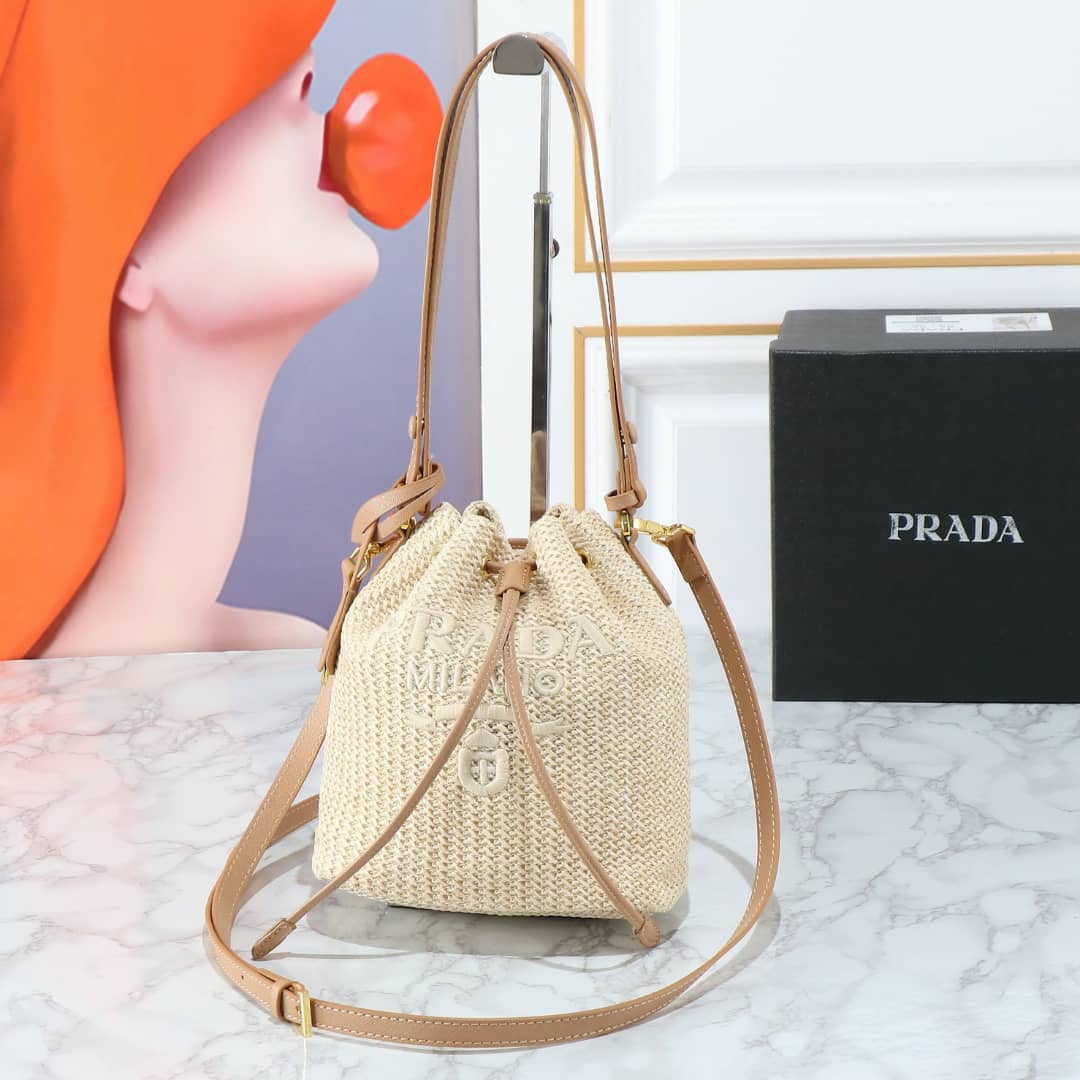 Prada Crochet And Leather Bucket Bag Natural 24Cm 1Be068 2M2T F0018 V Ouo - 画像 (2)