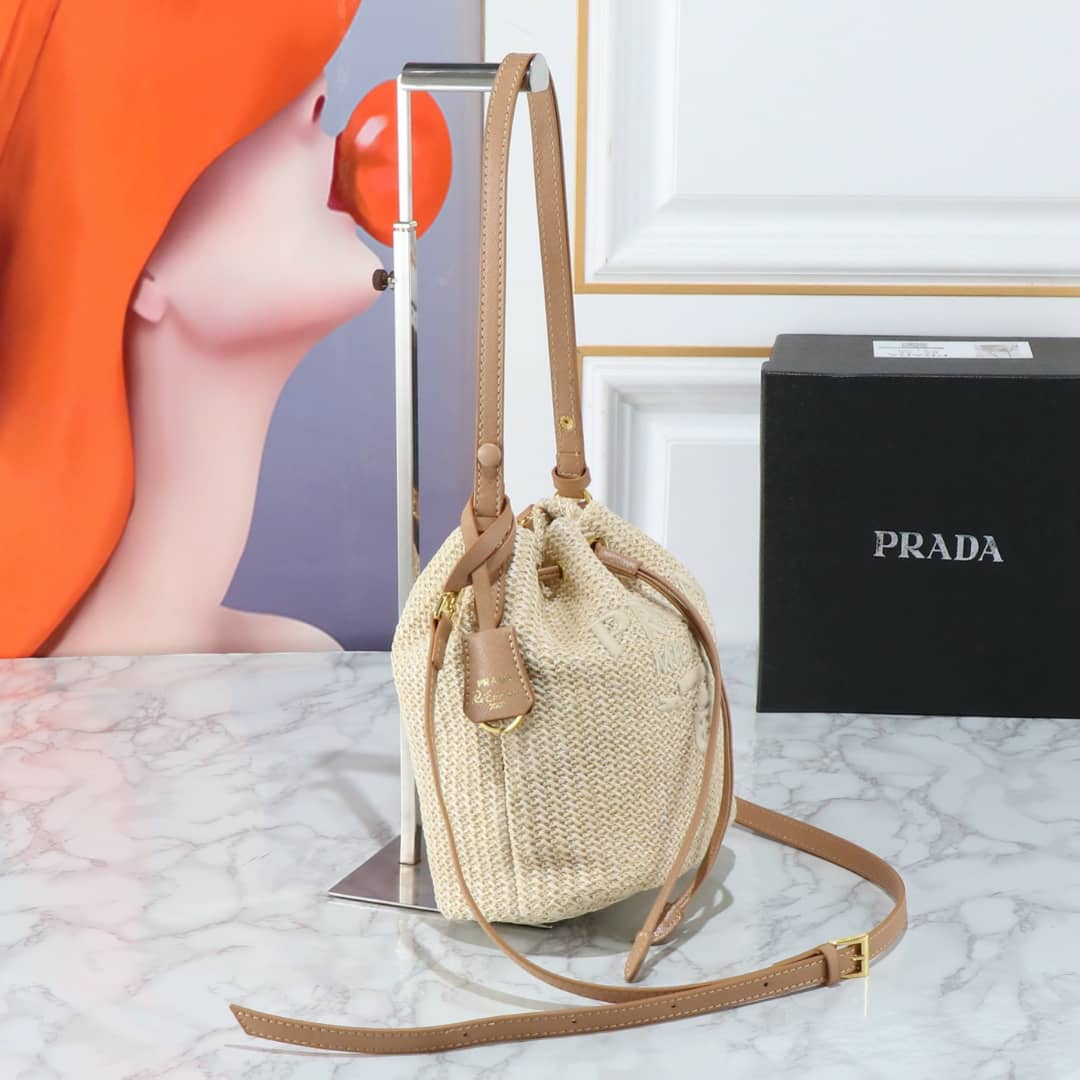 Prada Crochet And Leather Bucket Bag Natural 24Cm 1Be068 2M2T F0018 V Ouo - 画像 (8)