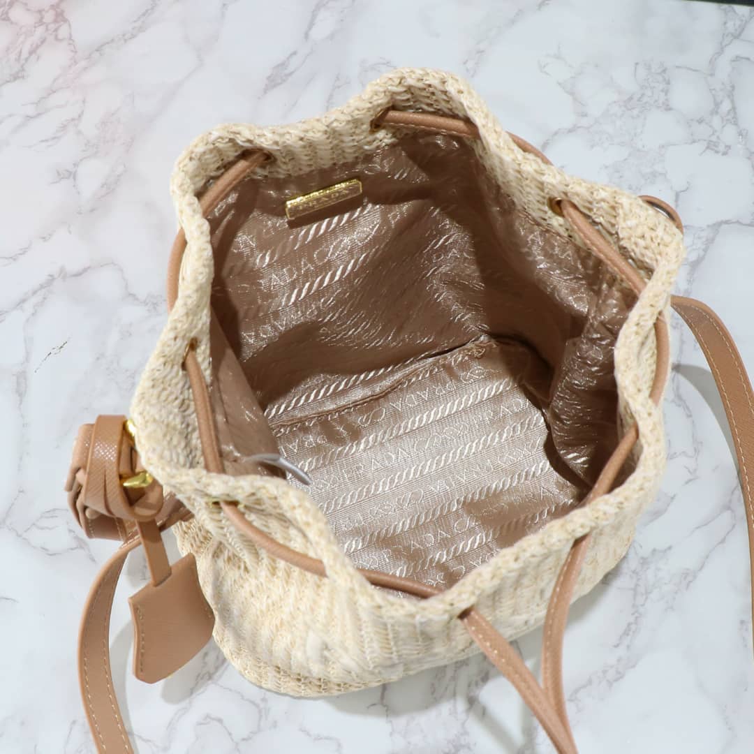 Prada Crochet And Leather Bucket Bag Natural 24Cm 1Be068 2M2T F0018 V Ouo - 画像 (4)