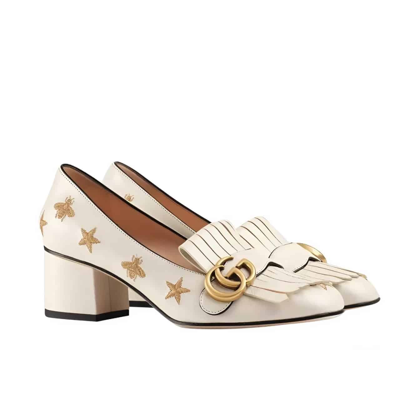 GUCCI グッチ マーモント 刺繍レザー ミッドヒールパンプス ビー＆スター ホワイト 551548 D3V00 9022