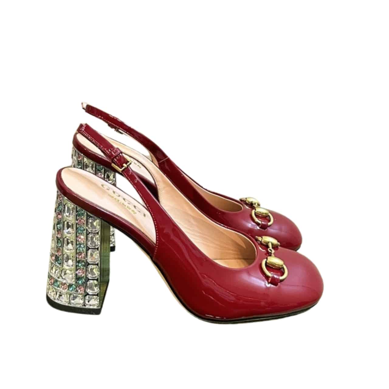 GUCCI グッチ レディース ホースビット クリスタル付き パンプス レッド