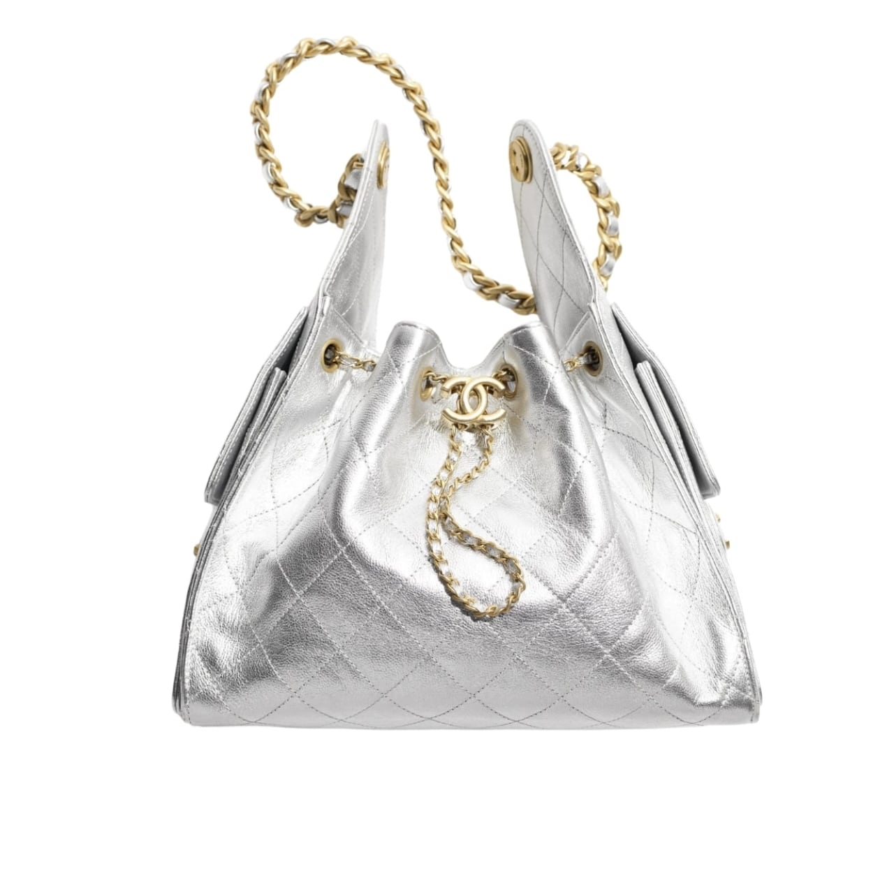 Chanel 25 小型ハンドバッグ — メタリックグレインレザー＆ゴールドトーンメタル — シルバー — 26cm — AS5293 B20405 NZV67
