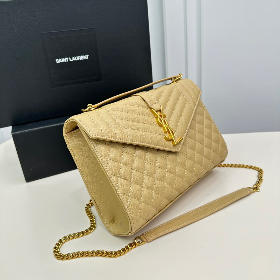 Saint Laurent Envelope Medium In Quilted Grain De Poudre Embossed Leather Bag Beige 24Cm 600185BOW912721 - 画像 (3)