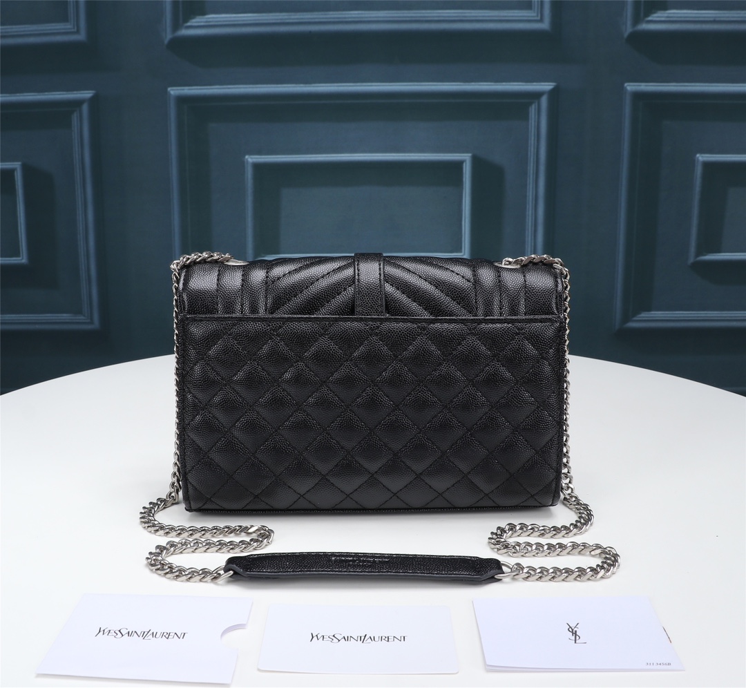 Saint Laurent Envelope Small In Quilted Grain De Poudre Embossed Leather Black Silver 21cm 600195BOW921000 - 画像 (3)