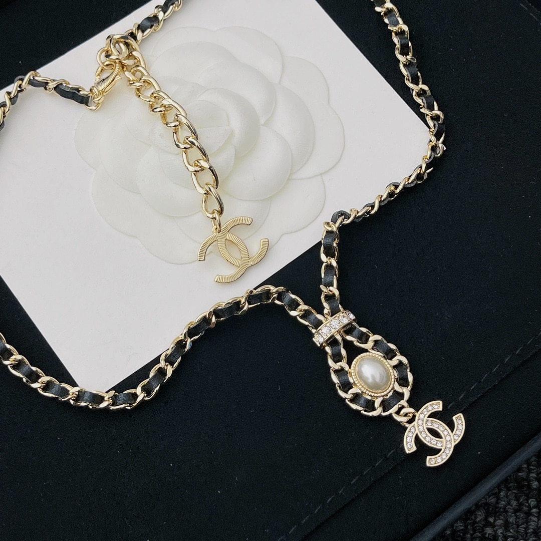 Chanel CC Necklace Leather Chain Pearl Crystal Drop Choker Gold Tone Black - 画像 (3)
